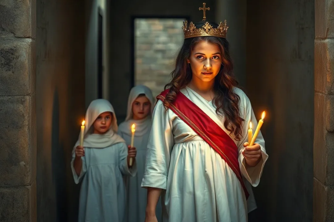 Girl wearing white gown and candle crown leading a Lucia Day procession