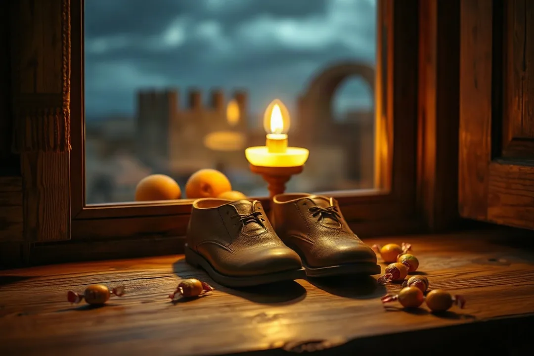 Children's shoes filled with oranges and treats for St. Nicholas Day