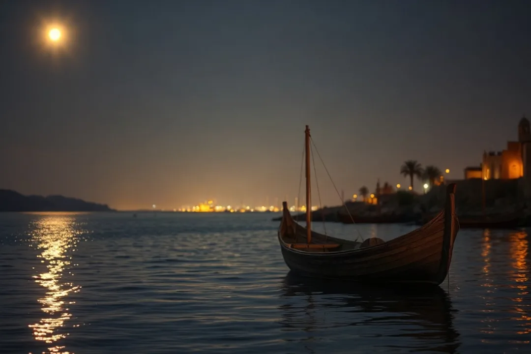 Fishing boat on calm sea beneath a bright guiding star