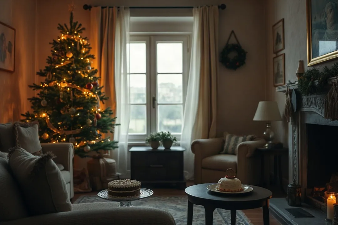 Decorated Christmas tree and Twelfth Night cake in a quiet home