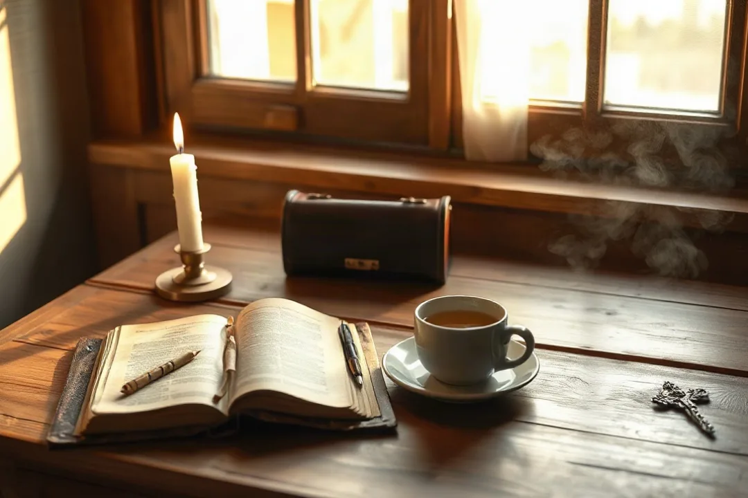 Journal and candle on a desk for daily virtue reflection