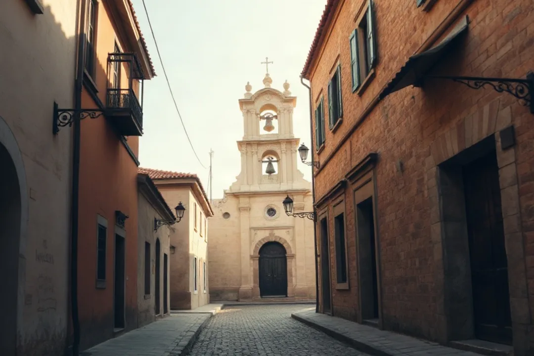 Small church bell tower at midday in a quiet town