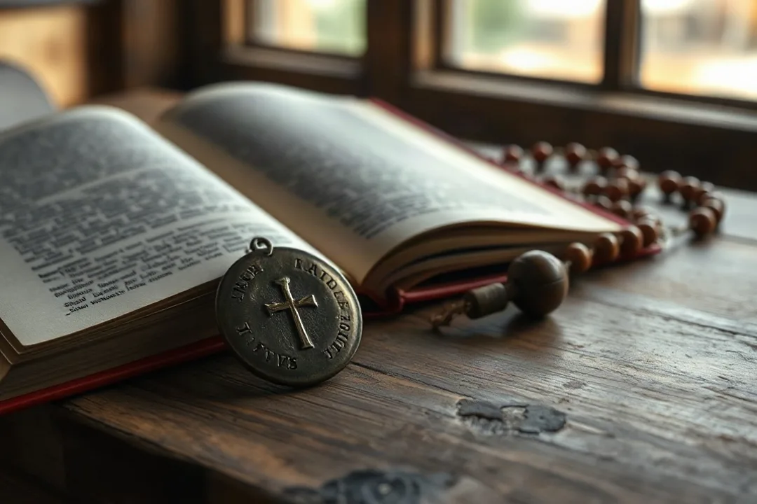 St. Benedict medal with engraved cross resting near an old book