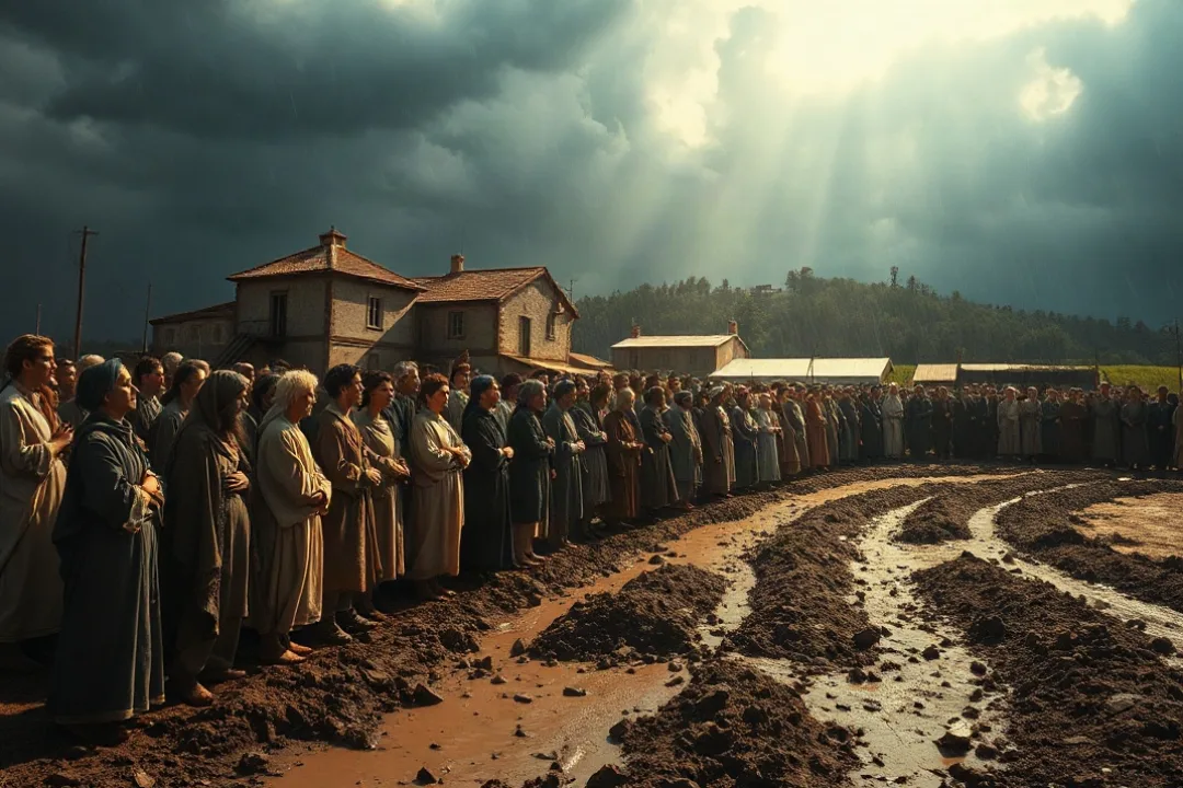 Crowd gathered in a muddy field looking up at a bright sky