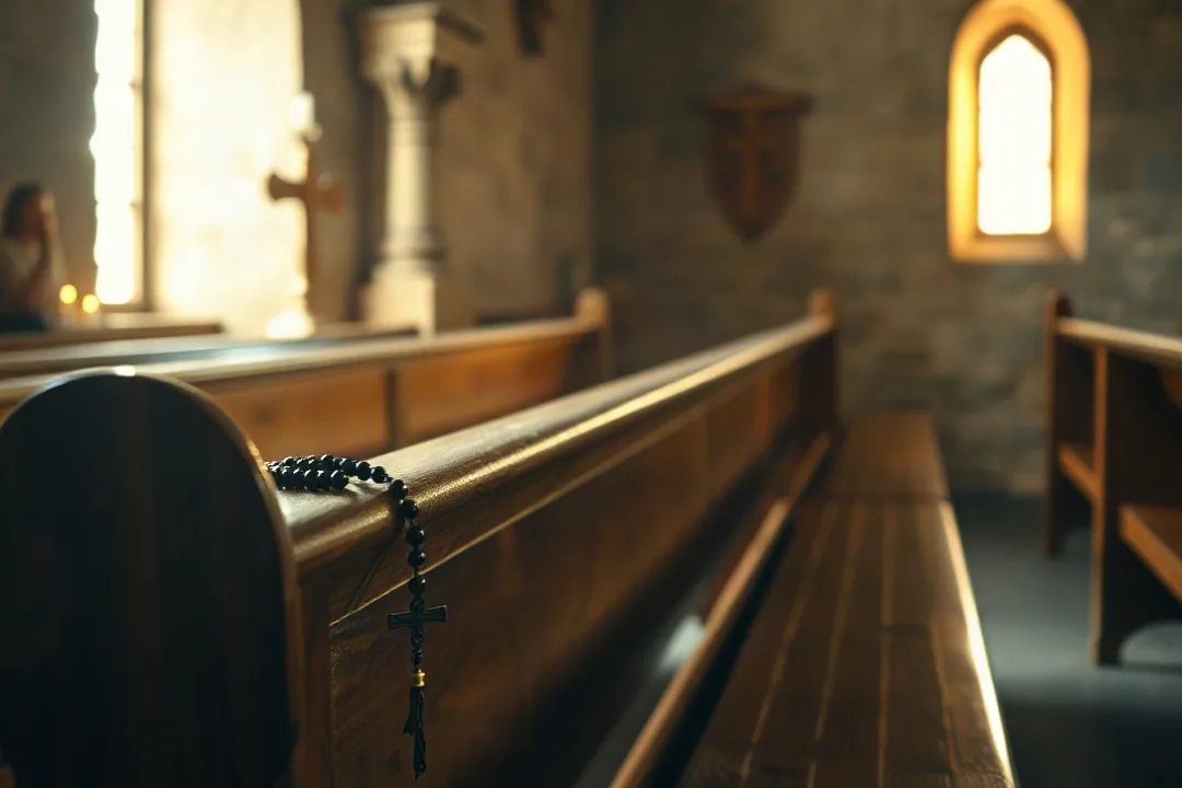 Rosary beads resting on a wooden church pew in soft light