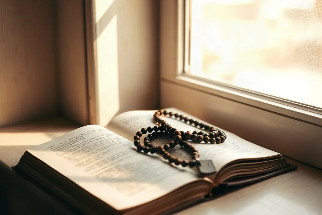 Wooden rosary beads resting on an open book in morning light