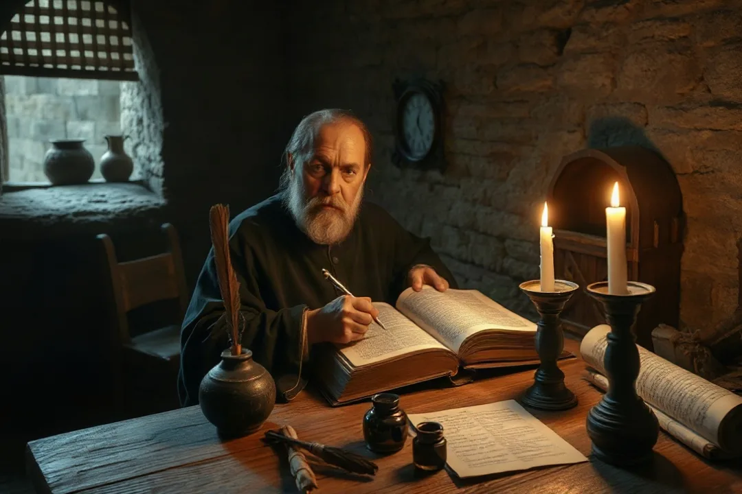 Medieval scribe copying an ancient manuscript in a monastery scriptorium