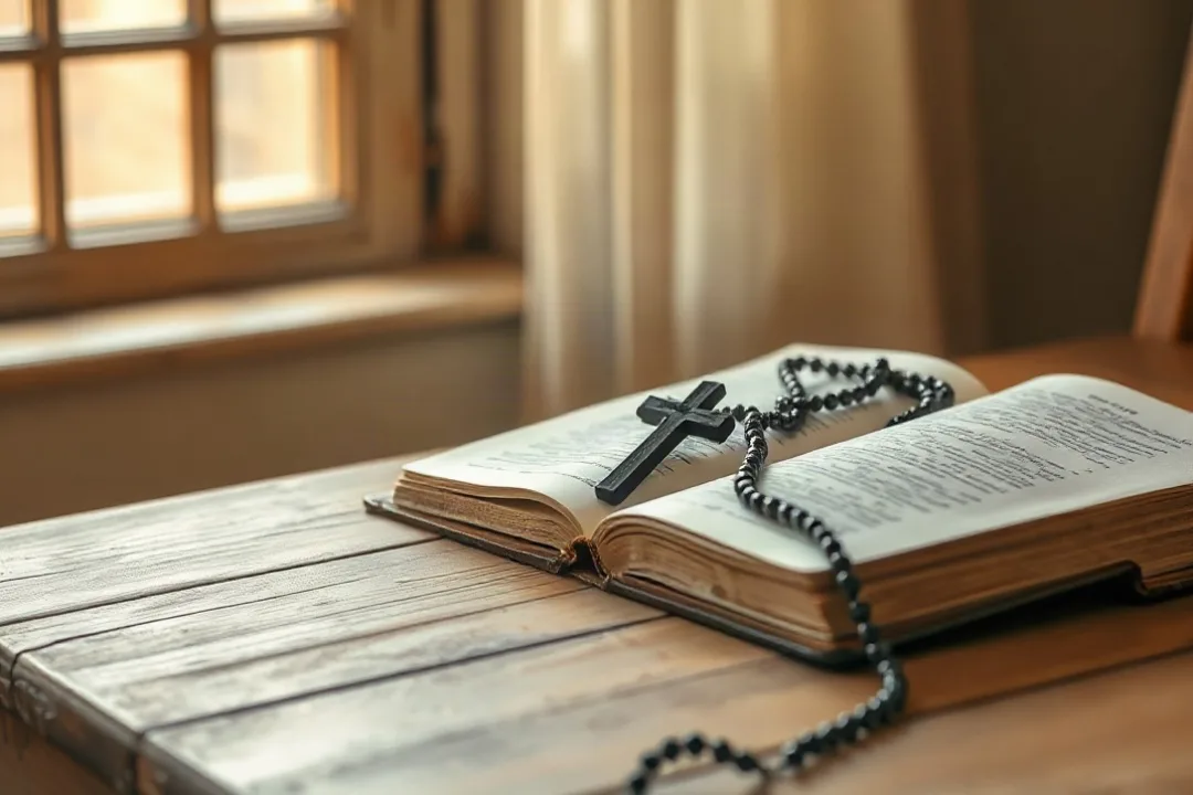Rosary beads resting on an open Bible on wooden table