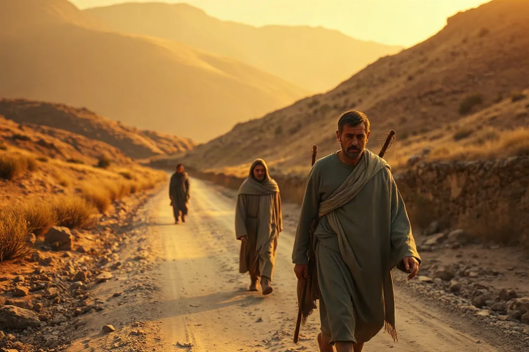 Two travelers walking a dusty road toward a distant village at dusk