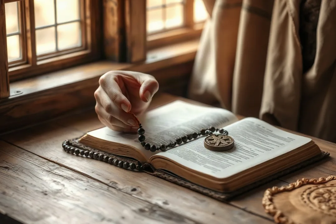 Hands holding a wooden rosary resting on an open Bible