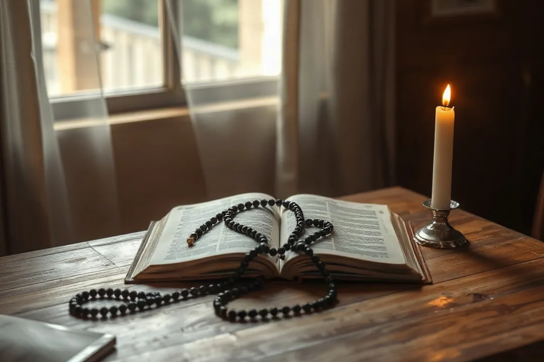 Rosary beads resting on an open Bible on a wooden table