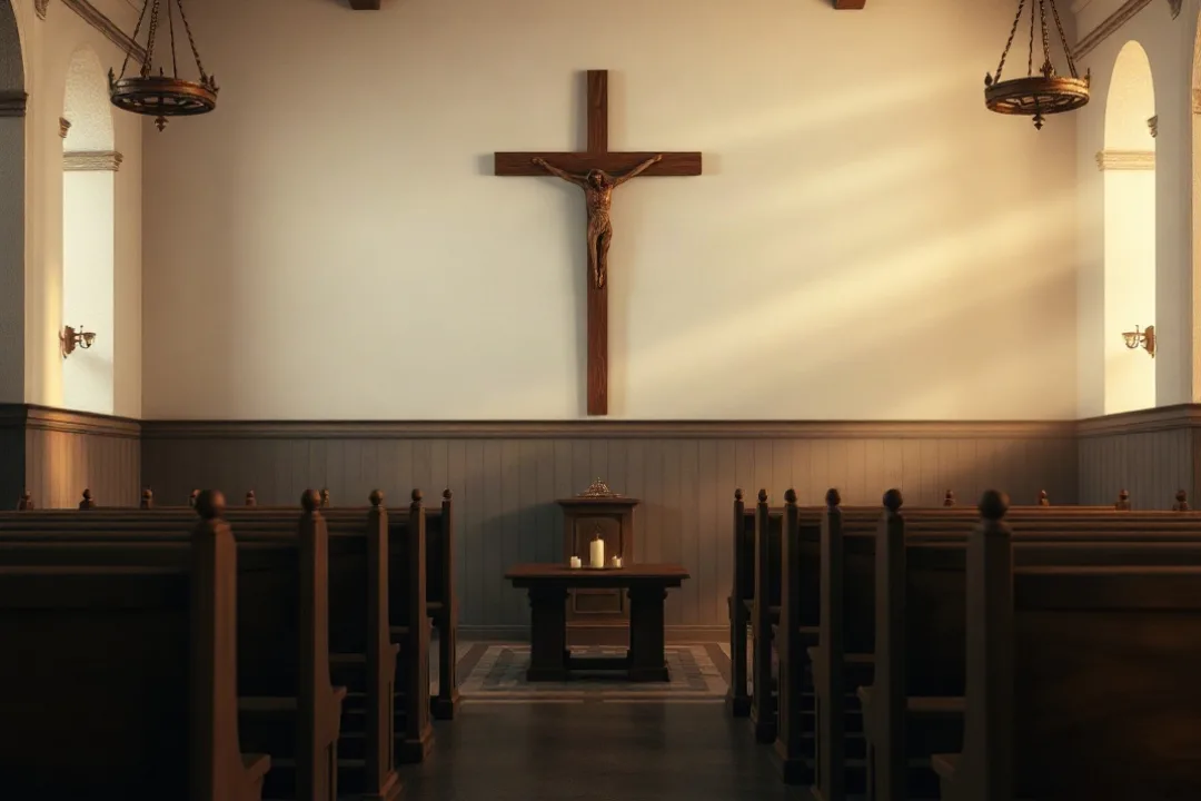 Empty church pews lit softly during a quiet Lenten morning service