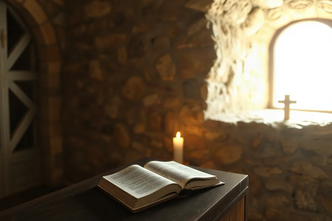 Open prayer book on wooden pew in sunlit stone chapel