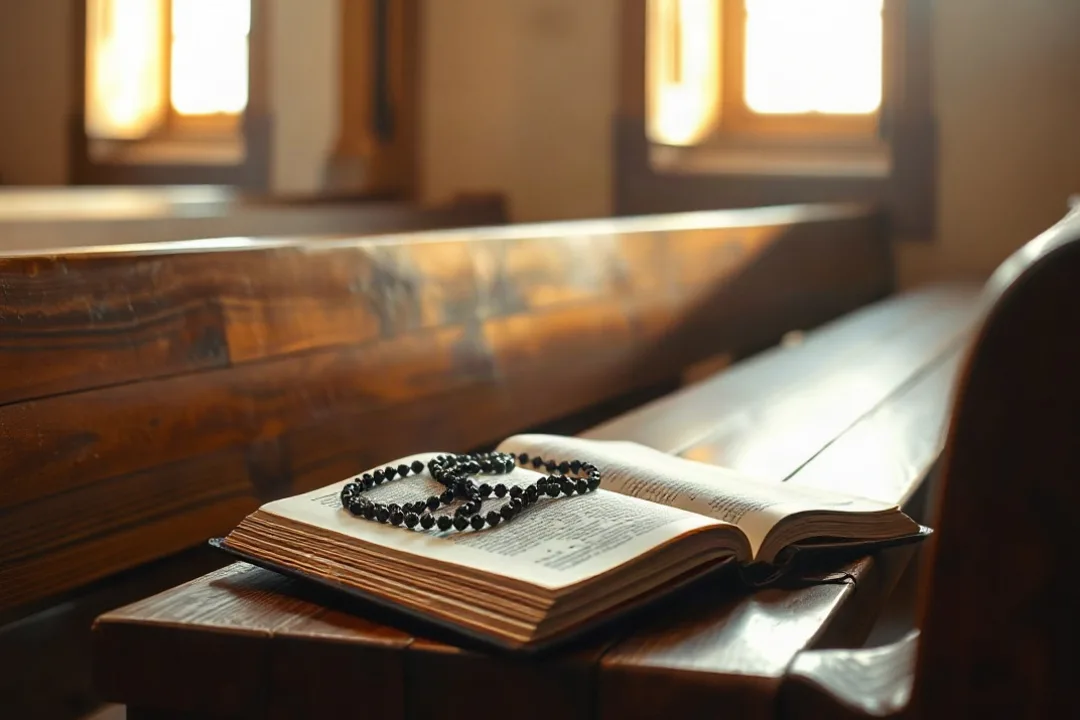 Rosary chaplet resting on an open prayer book in church