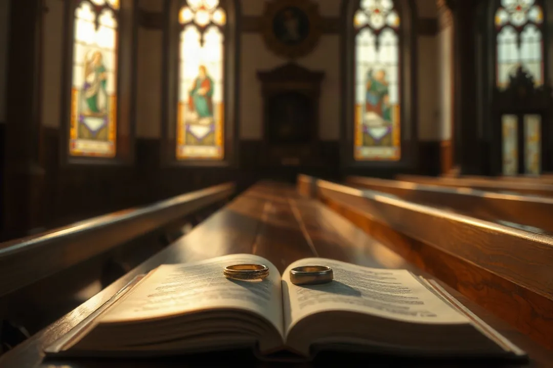 Wedding rings resting on an open book in a sunlit church
