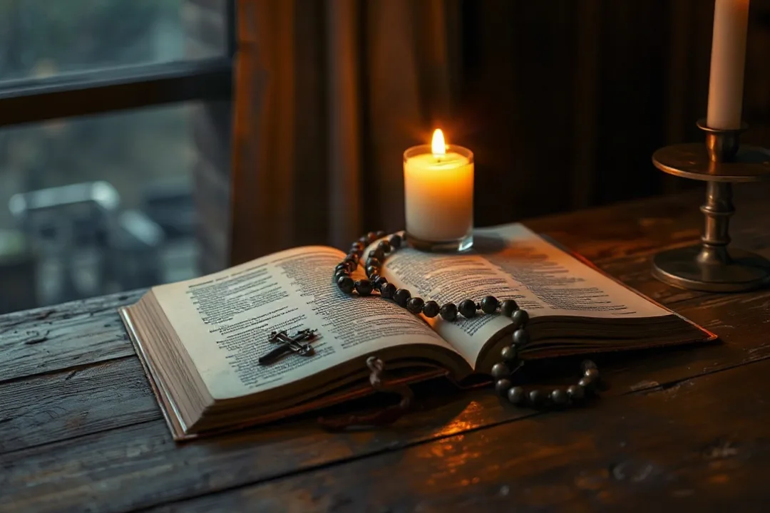 Rosary beads resting on an open Bible by candlelight