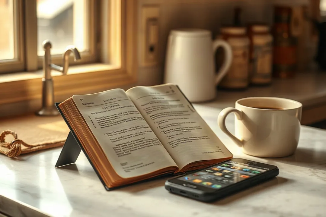 Daily devotional book and phone on a kitchen counter at sunrise