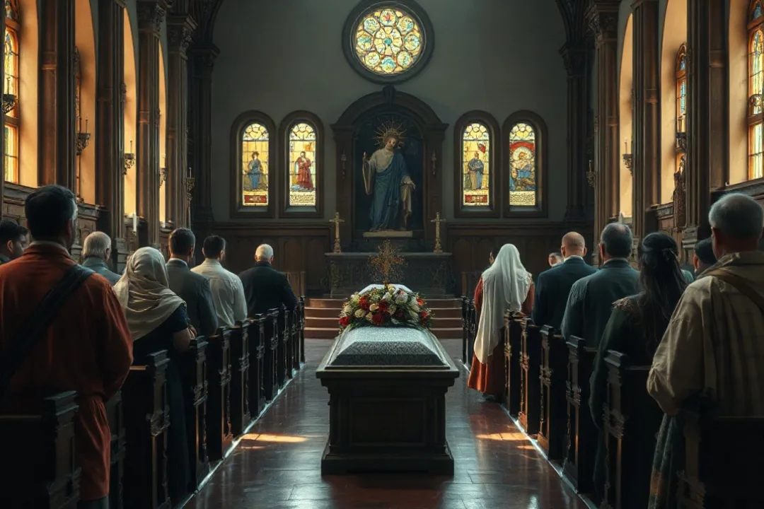 Church sanctuary set up for a Catholic funeral liturgy