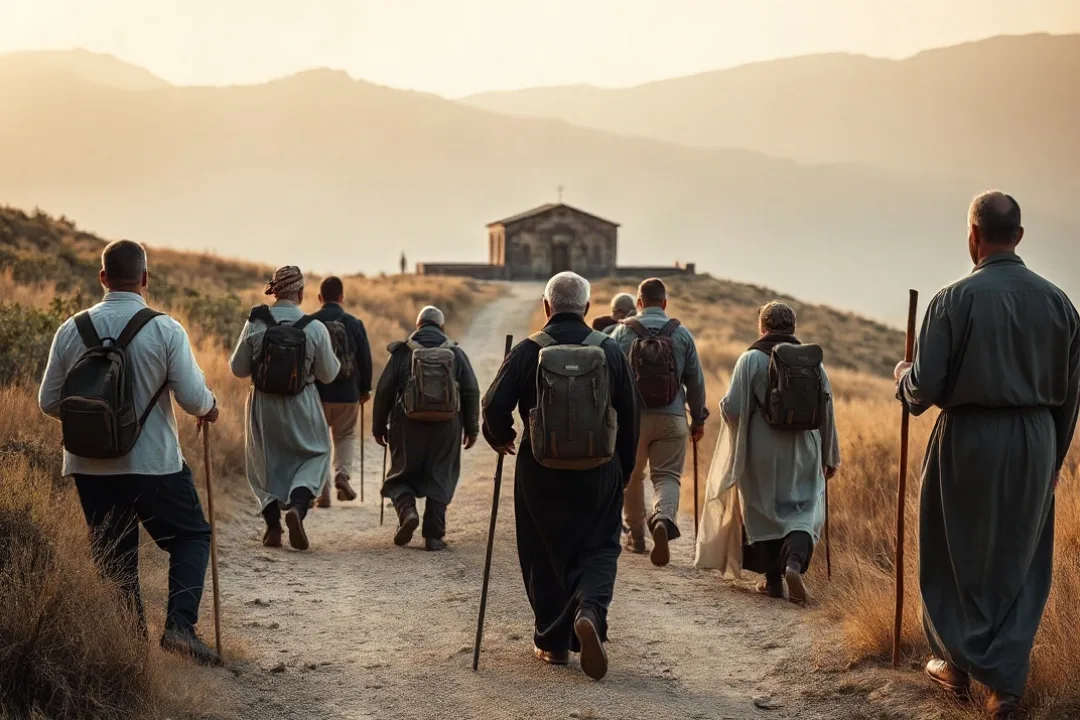 Pilgrims walking a path toward a distant stone church