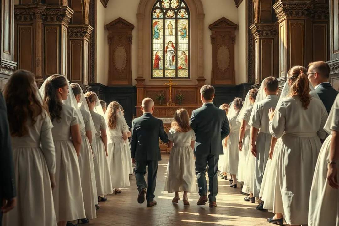 Children walking toward the altar for their first Eucharist
