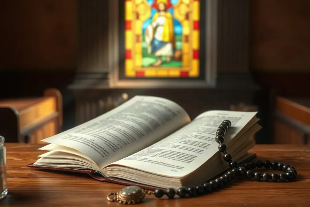 Confession booklet open on a church pew near a rosary
