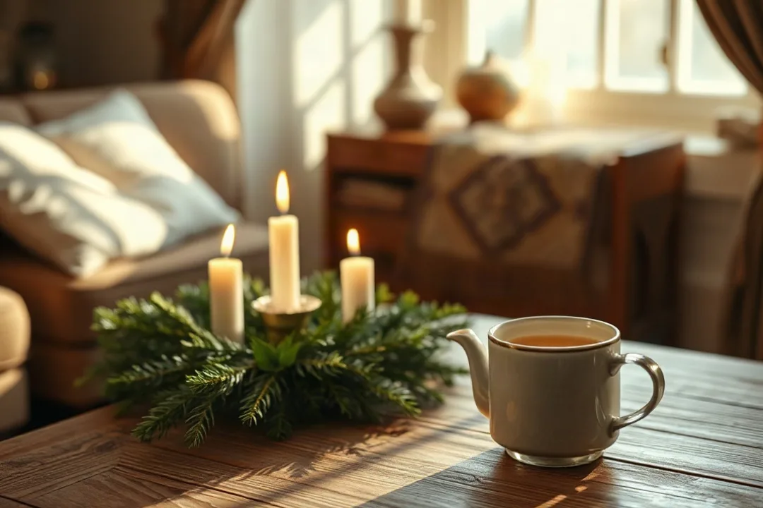 Advent wreath with lit candles on a wooden table at dusk