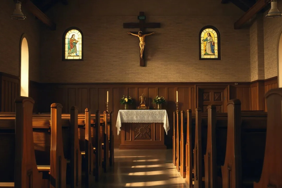 Interior of a Catholic church with altar and stained glass windows