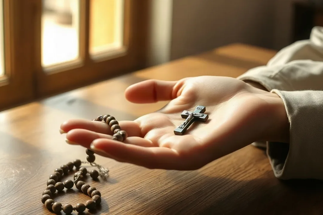 Wooden rosary beads with crucifix resting on a hand