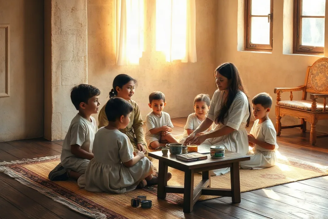 Children gathered on a rug listening to a volunteer leader read a story