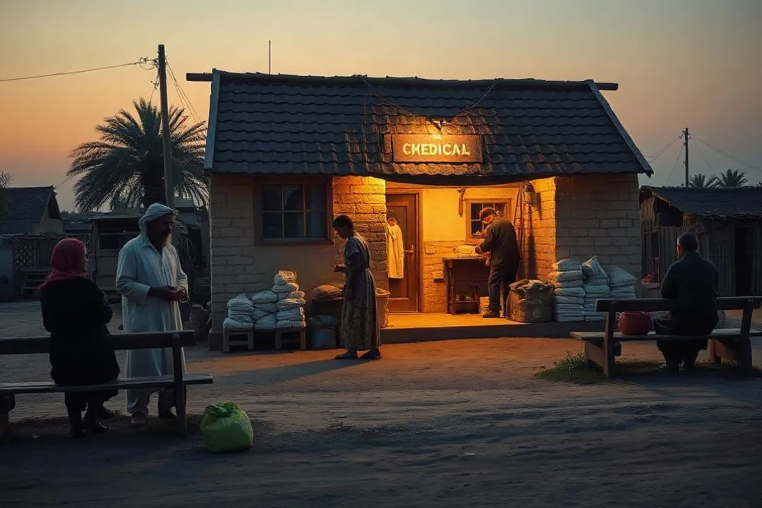 Rural medical clinic at dusk with community members waiting outside