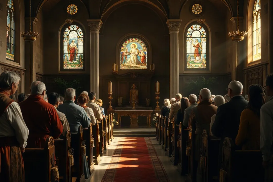 Congregation standing during Mass inside a Catholic church
