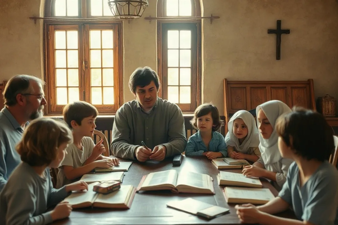 Volunteer teaching a small group of children in a parish classroom