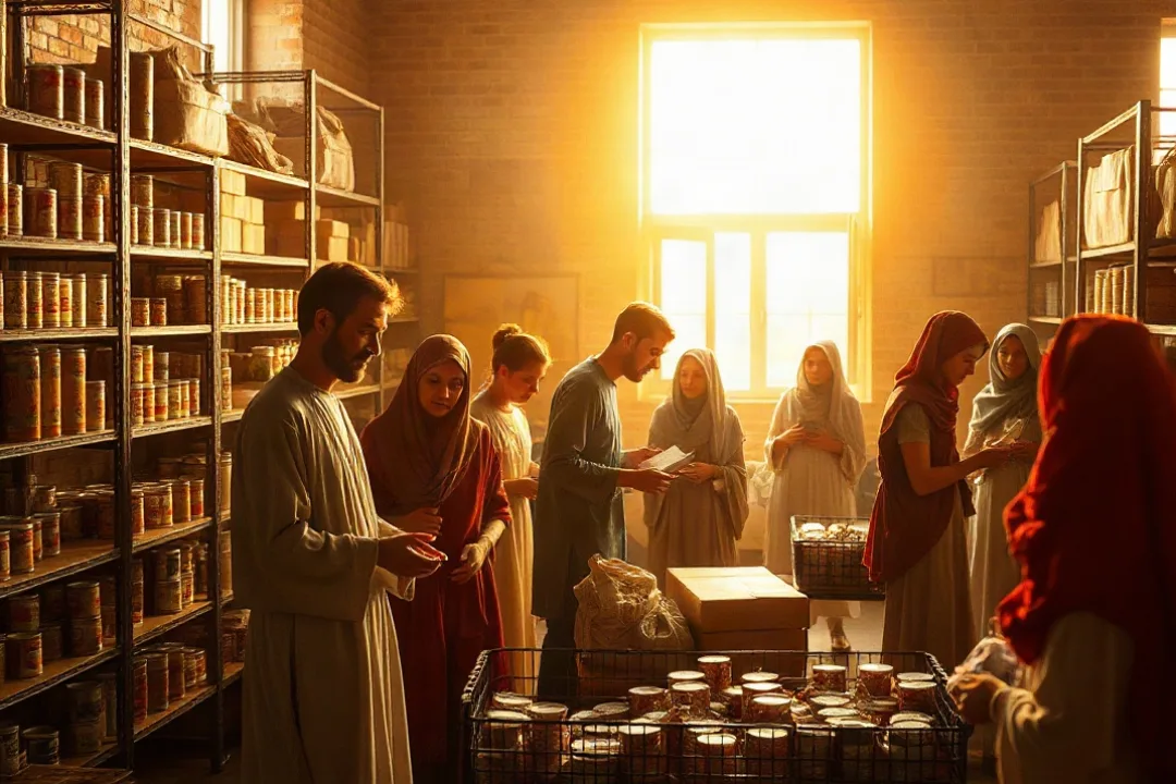 Volunteers organizing donations at a community charity center