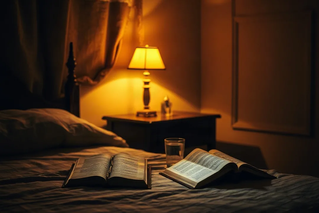 Open prayer book on a nightstand lit by lamp at night