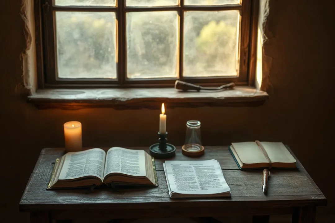 Open Bible and candle on a table for quiet prayer