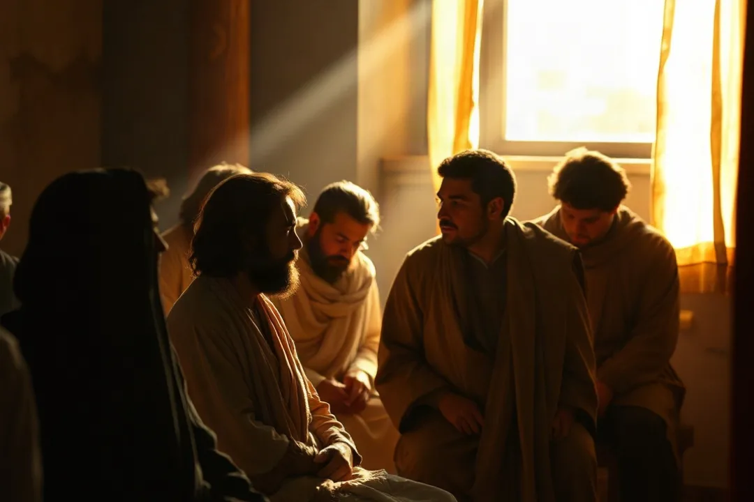 Small group gathered quietly in prayer with soft window light