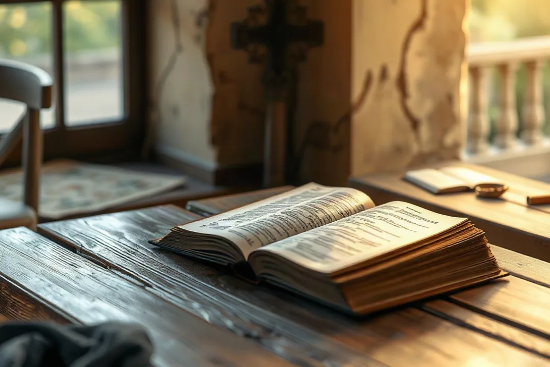 Open book on wooden table lit by soft morning window light
