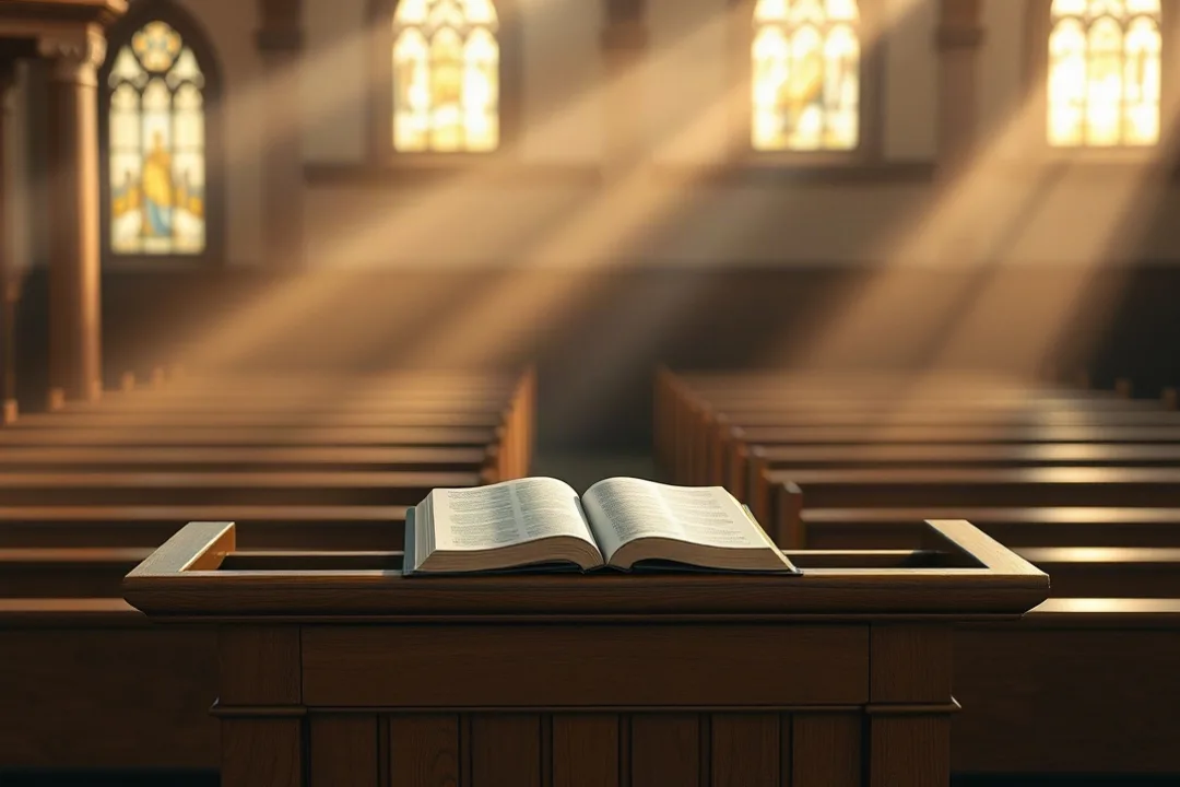 Wooden pulpit with open Bible lit by stained glass morning light