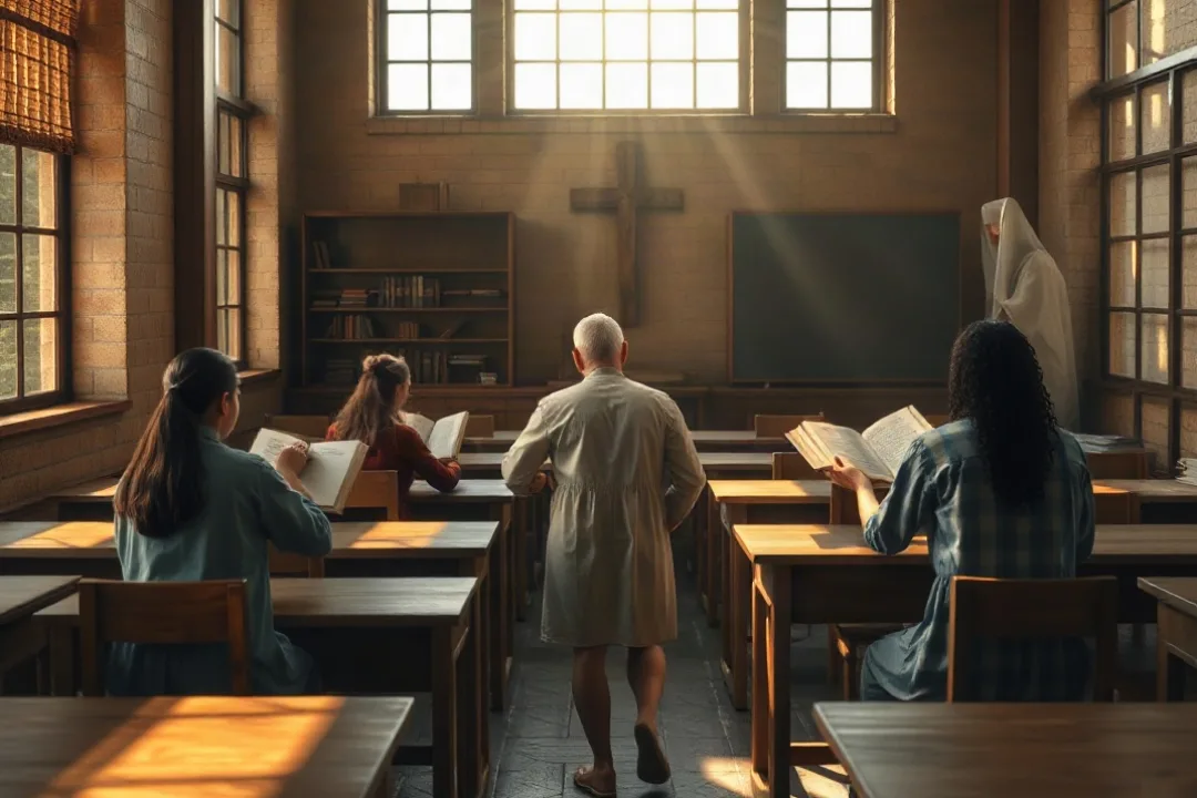 Teacher and students discussing literature in a sunlit classroom