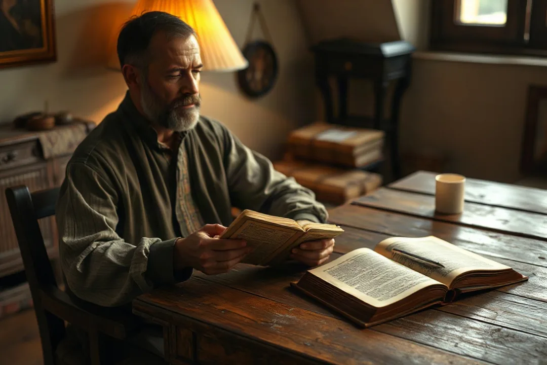 Person studying a thick reference book at a home desk