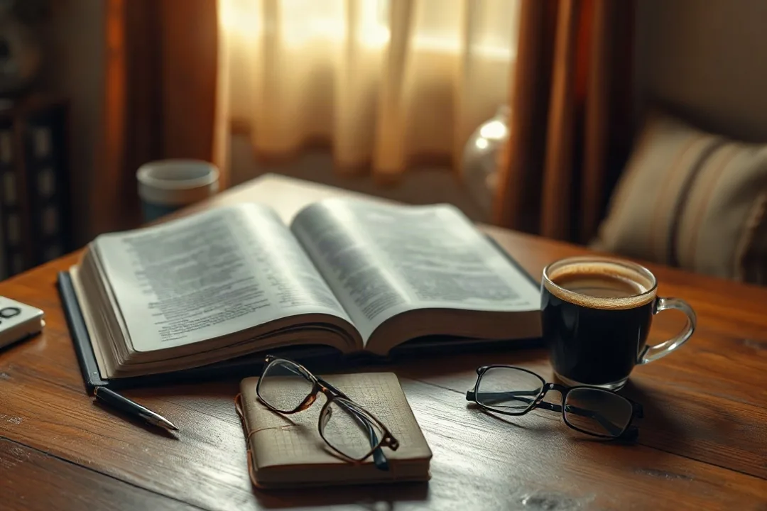 Open Bible on a desk with notebook during quiet study session