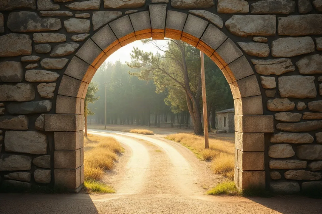 Narrow stone archway opening onto a quiet forest path