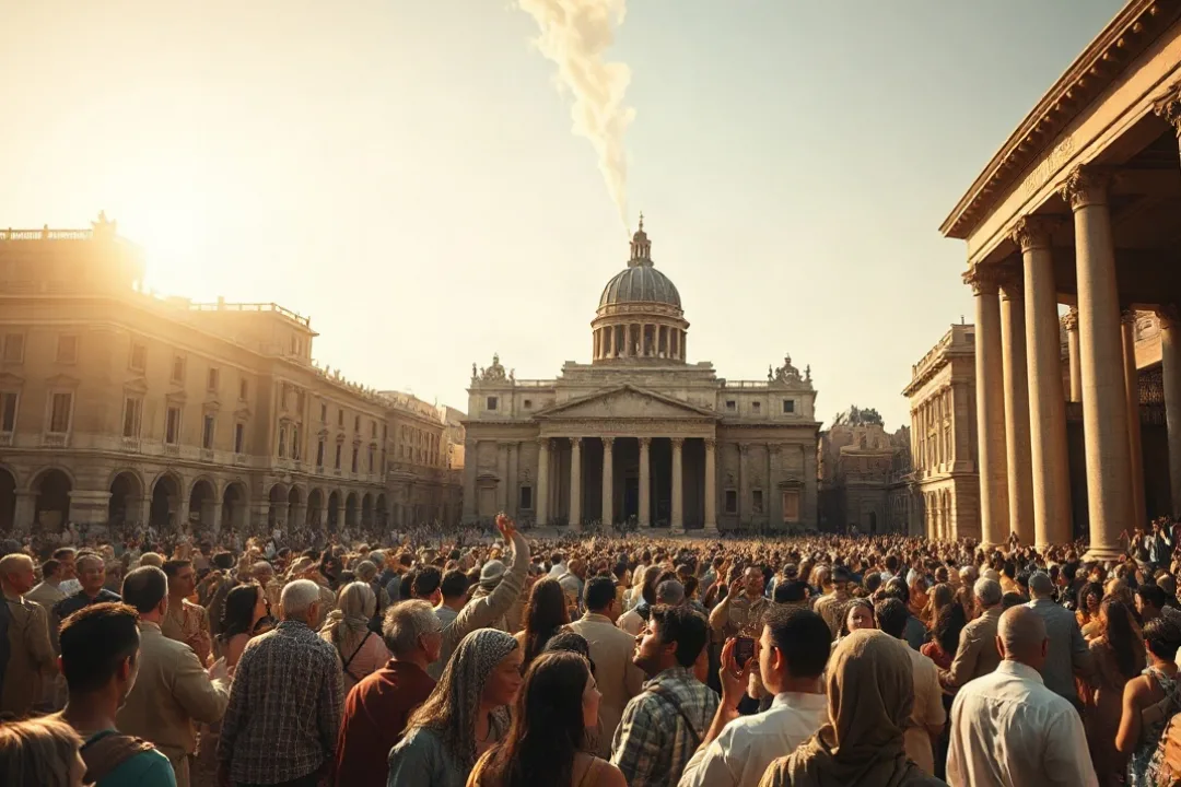 Crowd in a public square watching white smoke rise from a chimney