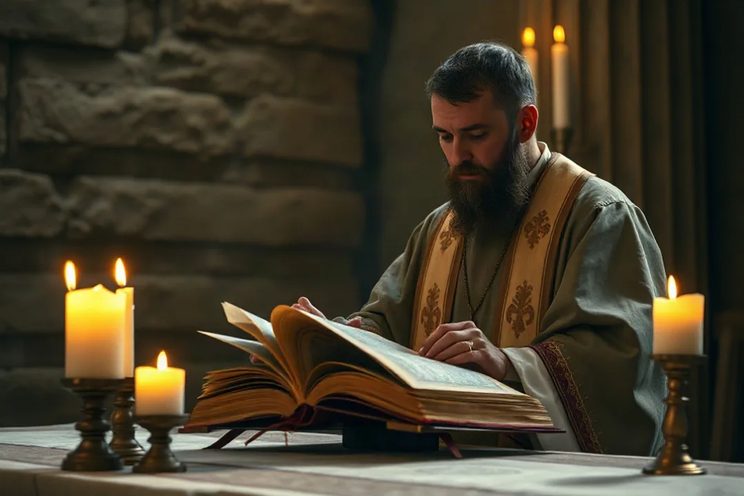 Priest reading from a large altar missal during Mass