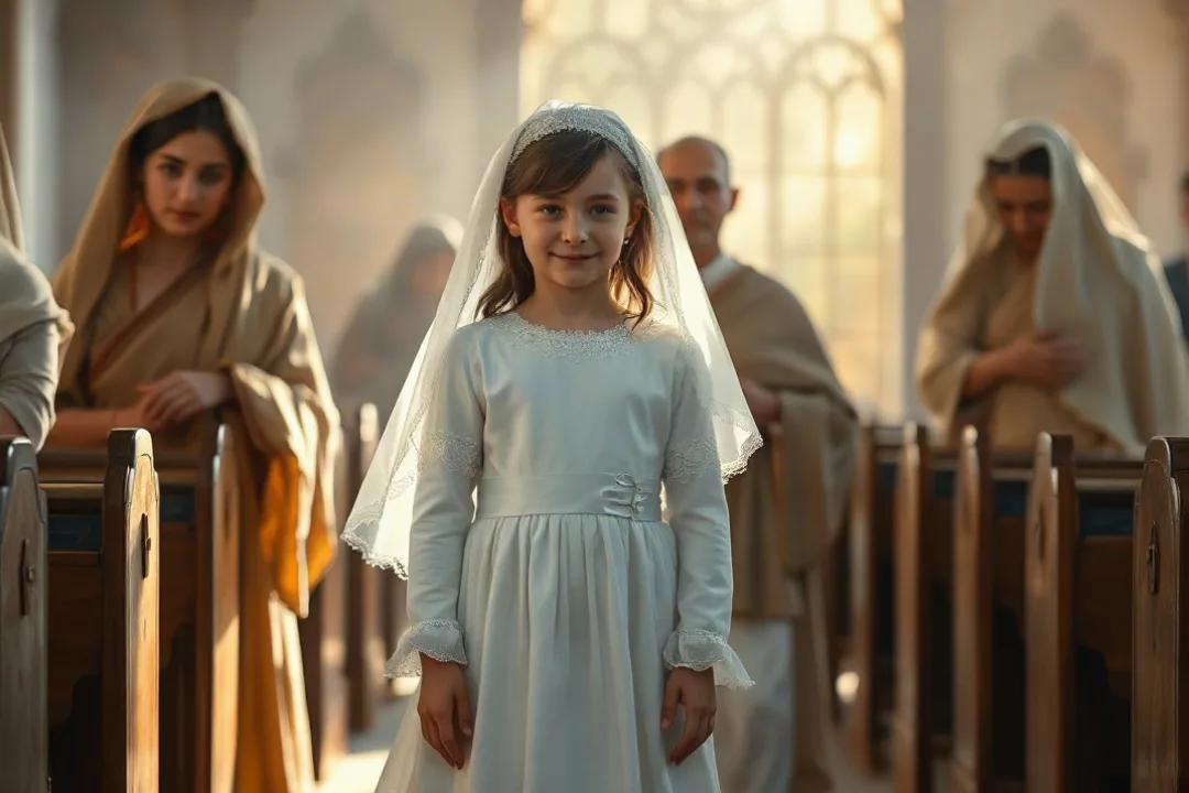 Girl in white First Communion dress standing with parents in church