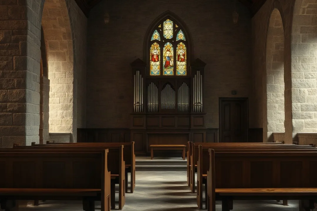 Empty church choir loft with organ and stained glass light