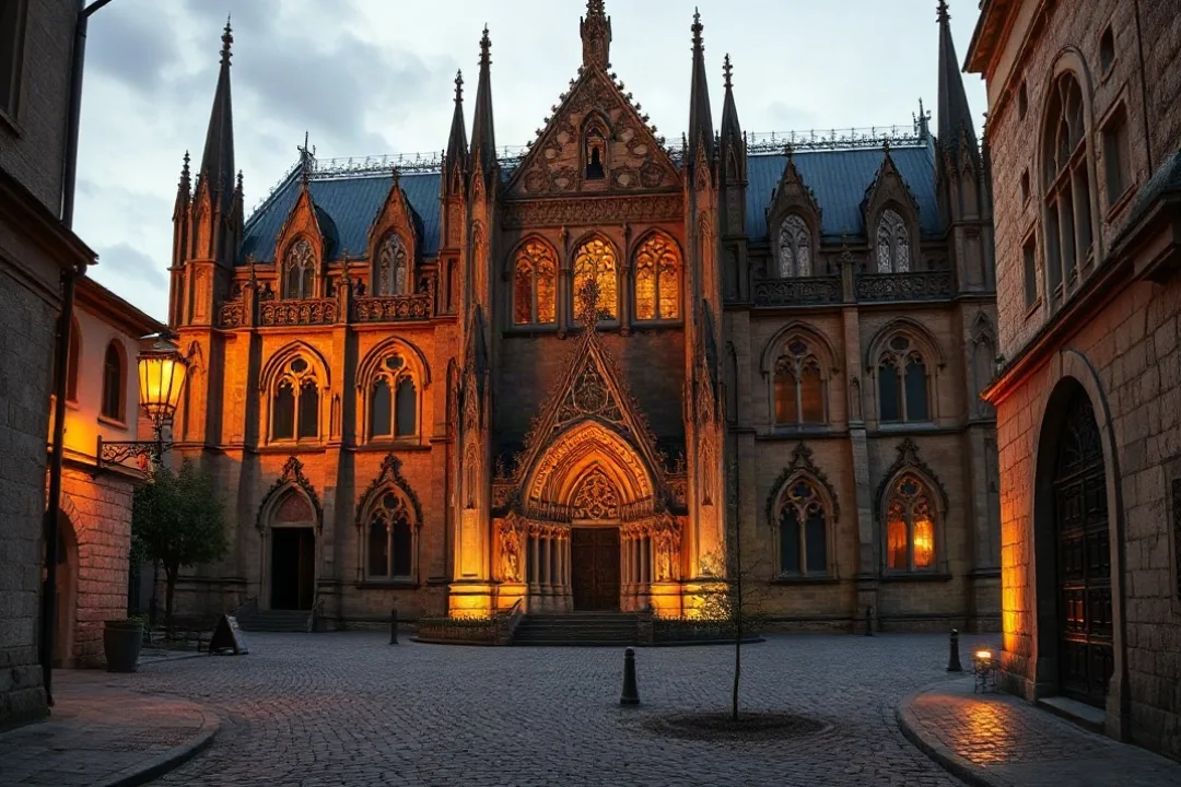 Historic Gothic cathedral facade at dusk in an English city