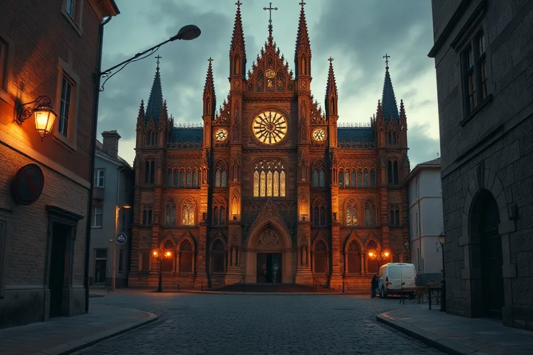 Historic Gothic cathedral facade at dusk in an English city