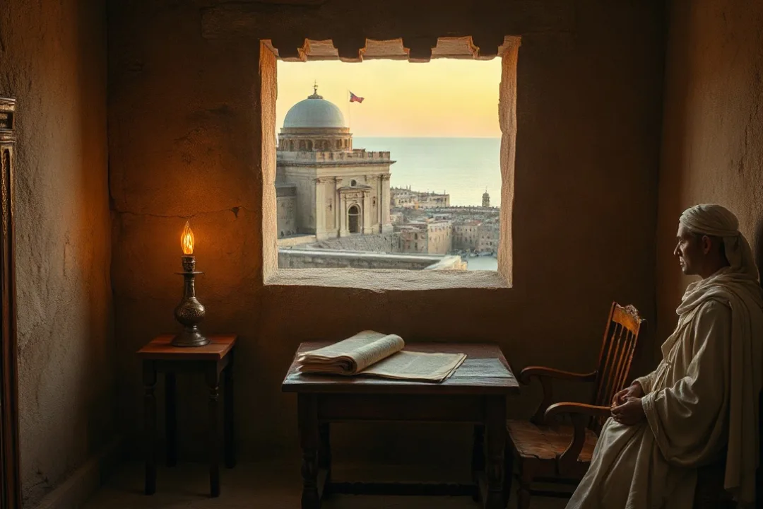 Ancient study with scrolls overlooking a North African coastal town