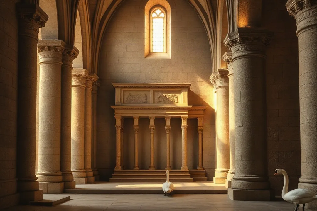 Gothic cathedral interior with light through windows and a swan